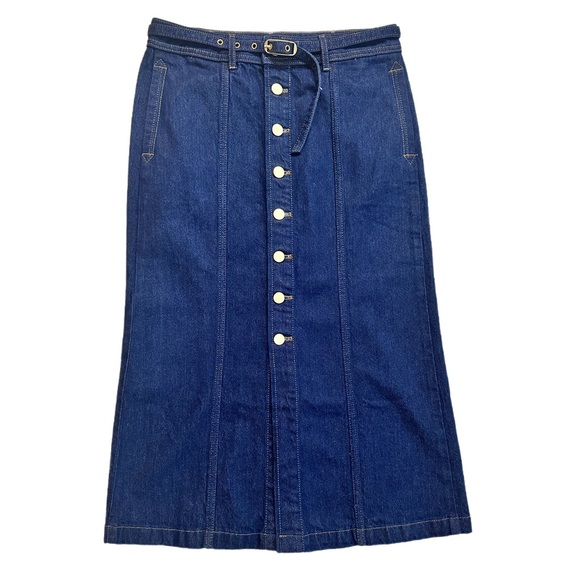 ANN TAYLOR ~ Belted Dark Wash Denim Midi A-Line Skirt w/Bold Gold Hardware - Picture 4 of 9